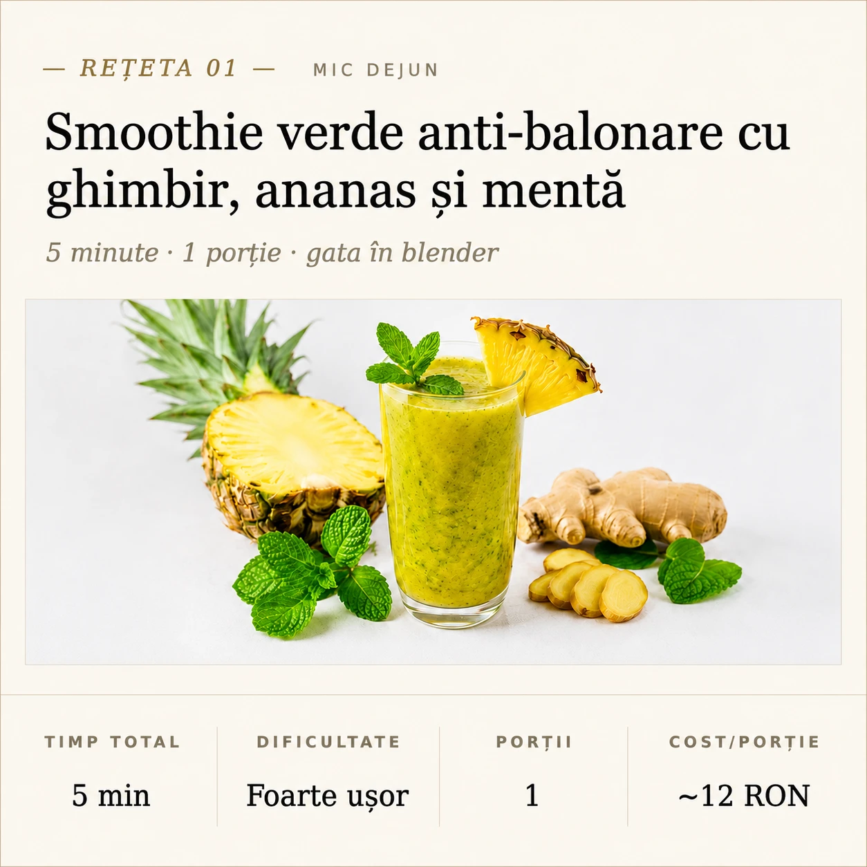 Card rețetă din capitolul pentru balonare — Smoothie verde anti-balonare cu ghimbir, ananas și mentă