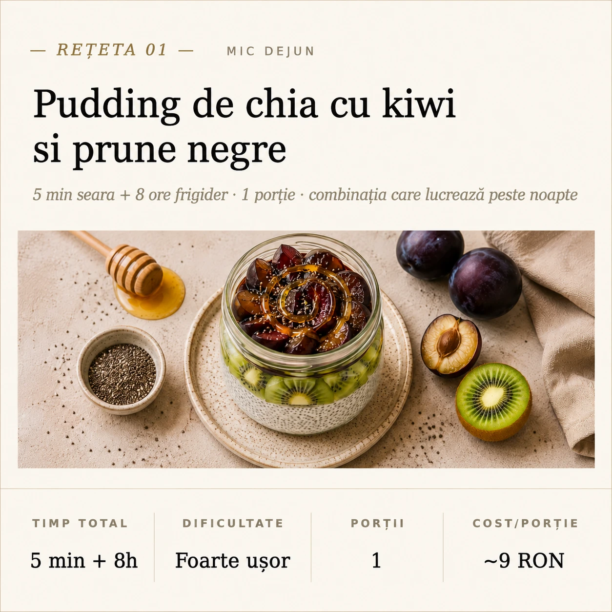 Card rețetă din capitolul pentru tranzit — Pudding de chia cu kiwi și prune negre