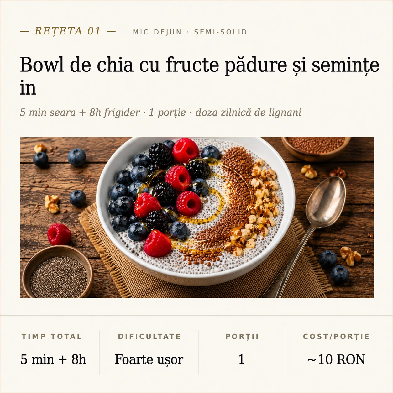 Card rețetă din capitolul pentru hormoni — Bowl de chia cu fructe de pădure și semințe de in