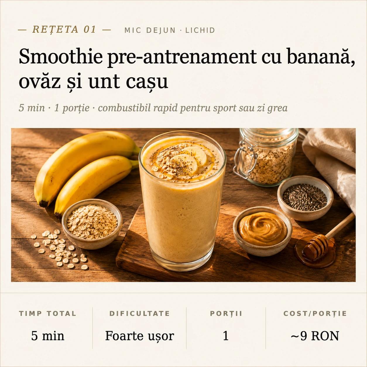 Card rețetă din capitolul pentru energie — Smoothie pre-antrenament cu banană, ovăz și unt de caju