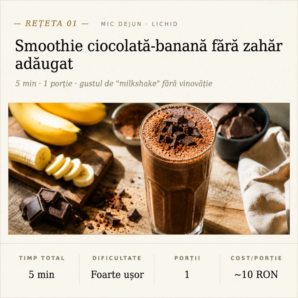 Card rețetă din capitolul pentru pofte — Smoothie de ciocolată și banană fără zahăr adăugat